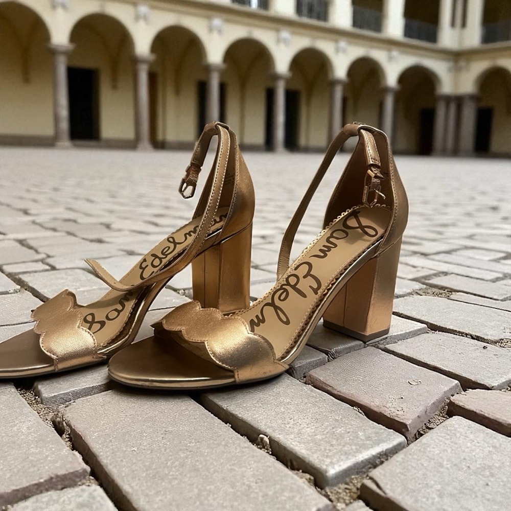Sam Edelman Metallic Gold Block Heel Sandals